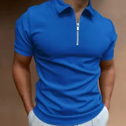 OUKU Men's Zip Polo Golf Shirt Vacation Casual Quarter Zip Short Sleeve Fashion Solid Color Plain Classic Summer Regular Fit Black White Navy Blue Royal Blue Pale Blue Zip Polo