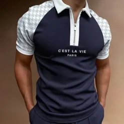 Online OUKU Men's Zip Polo Polo Shirt Going out golf shirts Turndown Quarter Zip Short Sleeve Sports Designer Letter Quarter Zip Summer Slim Black White Red Navy Blue Blue Light Grey Zip Polo