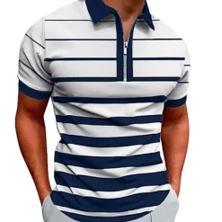 Discount OUKU Men's Zip Polo Polo Shirt Casual Daily Quarter Zip Short Sleeve Fashion Basic Stripe Horizontal Stripes Zipper Summer Regular Fit White Yellow Red Navy Blue Brown Zip Polo