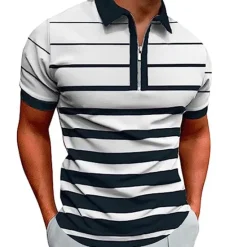 Discount OUKU Men's Zip Polo Polo Shirt Casual Daily Quarter Zip Short Sleeve Fashion Basic Stripe Horizontal Stripes Zipper Summer Regular Fit White Yellow Red Navy Blue Brown Zip Polo