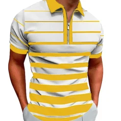 Discount OUKU Men's Zip Polo Polo Shirt Casual Daily Quarter Zip Short Sleeve Fashion Basic Stripe Horizontal Stripes Zipper Summer Regular Fit White Yellow Red Navy Blue Brown Zip Polo