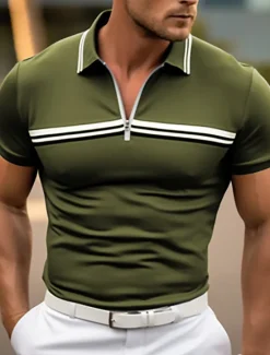 Outlet OUKU Men's Zip Polo Polo Shirt Outdoor Casual Lapel Quarter Zip Short Sleeve Fashion Basic Plain Quarter Zip Summer Regular Fit Yellow Blue Green Dark Gray Zip Polo