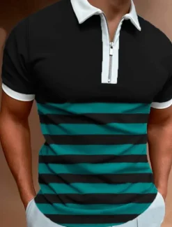 Best OUKU Men's Zip Polo Polo Shirt Street Casual Classic Collar Quarter Zip Short Sleeve Fashion Streetwear Color Block Striped Patchwork Zipper Summer Spring Regular Fit White Navy Blue Green Zip Polo