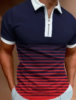 Best OUKU Men's Zip Polo Polo Shirt Street Casual Classic Collar Quarter Zip Short Sleeve Fashion Streetwear Color Block Striped Patchwork Zipper Summer Spring Regular Fit White Navy Blue Green Zip Polo