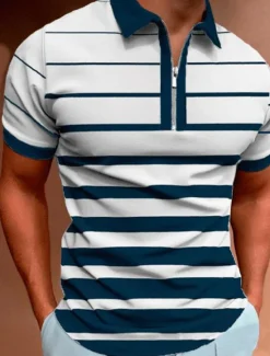 Best OUKU Men's Zip Polo Polo Shirt Street Casual Classic Collar Quarter Zip Short Sleeve Fashion Streetwear Color Block Striped Patchwork Zipper Summer Spring Regular Fit White Navy Blue Green Zip Polo
