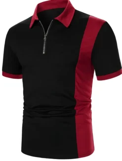 New OUKU Men's Zip Polo Polo Shirt Casual Holiday Lapel Quarter Zip Short Sleeve Fashion Basic Color Block Quarter Zip Summer Regular Fit Black Red Brown Light Black Zip Polo
