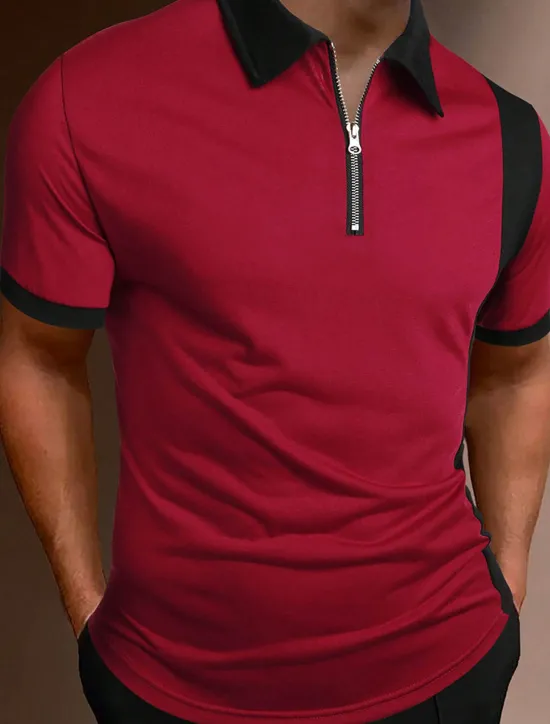 New OUKU Men's Zip Polo Polo Shirt Casual Holiday Lapel Quarter Zip Short Sleeve Fashion Basic Color Block Quarter Zip Summer Regular Fit Black Red Brown Light Black Zip Polo