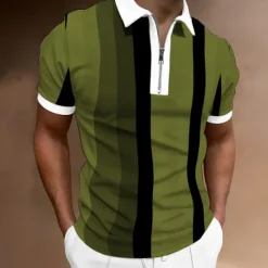 Clearance OUKU Men's Zip Polo Polo Shirt Casual Daily Quarter Zip Short Sleeve Fashion Basic Color Block Vertical Stripes Zipper Summer Regular Fit Dark Yellow Pink Blue Brown Green Gray Zip Polo