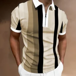 Clearance OUKU Men's Zip Polo Polo Shirt Casual Daily Quarter Zip Short Sleeve Fashion Basic Color Block Vertical Stripes Zipper Summer Regular Fit Dark Yellow Pink Blue Brown Green Gray Zip Polo