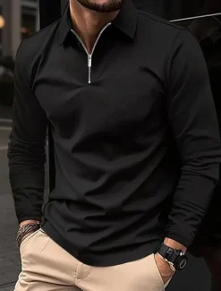 Discount OUKU Men's Zip Polo Polo Shirt Outdoor Casual Lapel Quarter Zip Long Sleeve Fashion Basic Solid / Plain Color Quarter Zip Spring & Fall Regular Fit Black White Wine Dark Navy Gray Zip Polo