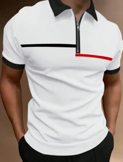 Online OUKU Men's Zip Polo Polo Shirt Outdoor Casual Lapel Quarter Zip Short Sleeve Fashion Basic Color Block Quarter Zip Summer Regular Fit Black White Navy Blue Brown Zip Polo