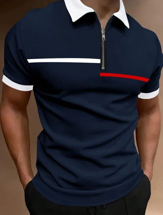 Online OUKU Men's Zip Polo Polo Shirt Outdoor Casual Lapel Quarter Zip Short Sleeve Fashion Basic Color Block Quarter Zip Summer Regular Fit Black White Navy Blue Brown Zip Polo