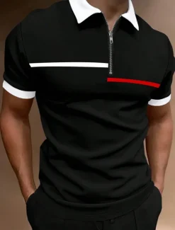 Online OUKU Men's Zip Polo Polo Shirt Outdoor Casual Lapel Quarter Zip Short Sleeve Fashion Basic Color Block Quarter Zip Summer Regular Fit Black White Navy Blue Brown Zip Polo