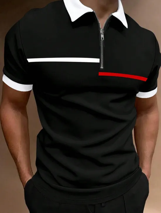 Online OUKU Men's Zip Polo Polo Shirt Outdoor Casual Lapel Quarter Zip Short Sleeve Fashion Basic Color Block Quarter Zip Summer Regular Fit Black White Navy Blue Brown Zip Polo