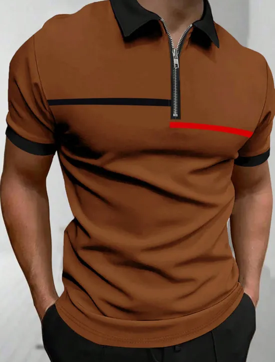 Online OUKU Men's Zip Polo Polo Shirt Outdoor Casual Lapel Quarter Zip Short Sleeve Fashion Basic Color Block Quarter Zip Summer Regular Fit Black White Navy Blue Brown Zip Polo