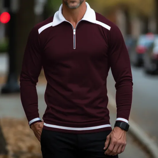 Sale OUKU Men's Zip Polo Polo Shirt Casual Holiday Lapel Quarter Zip Long Sleeve Fashion Basic Color Block Quarter Zip Summer Regular Fit Black Burgundy Navy Blue Orange Army Green Zip Polo