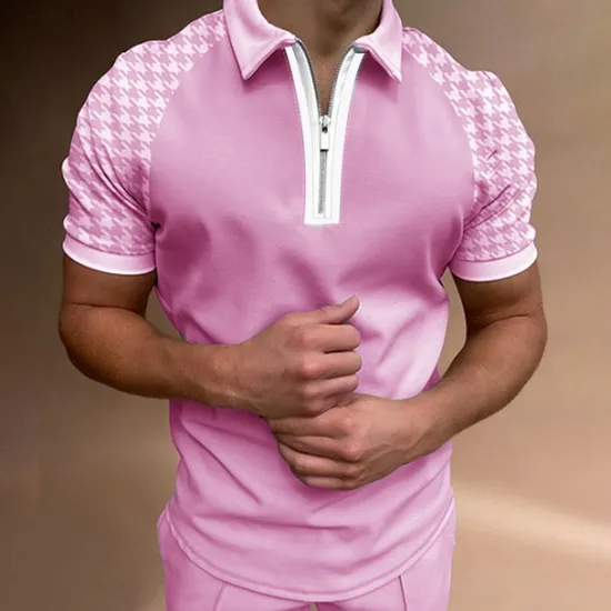 New OUKU Men's Zip Polo Polo Shirt Casual Daily Turndown Quarter Zip Short Sleeve Sports Fashion Color Block Zipper Quarter Zip Spring & Summer Regular Fit Pink Light Grey Light Blue Zip Polo