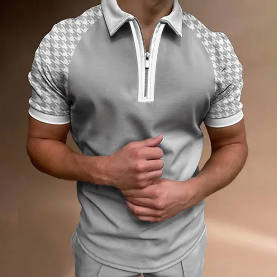 New OUKU Men's Zip Polo Polo Shirt Casual Daily Turndown Quarter Zip Short Sleeve Sports Fashion Color Block Zipper Quarter Zip Spring & Summer Regular Fit Pink Light Grey Light Blue Zip Polo