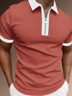 OUKU Men's Zip Polo Polo Shirt Casual Holiday Lapel Quarter Zip Short Sleeve Fashion Basic Plain Quarter Zip Summer Regular Fit Black White Pink Red Brown Dark Grey Zip Polo