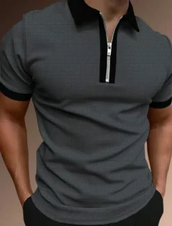 OUKU Men's Zip Polo Polo Shirt Casual Holiday Lapel Quarter Zip Short Sleeve Fashion Basic Plain Quarter Zip Summer Regular Fit Black White Pink Red Brown Dark Grey Zip Polo