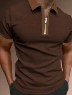 OUKU Men's Zip Polo Polo Shirt Casual Holiday Lapel Quarter Zip Short Sleeve Fashion Basic Plain Quarter Zip Summer Regular Fit Black White Pink Red Brown Dark Grey Zip Polo