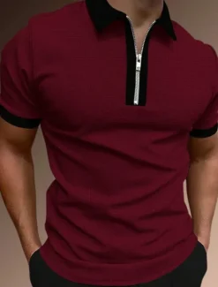 OUKU Men's Zip Polo Polo Shirt Casual Holiday Lapel Quarter Zip Short Sleeve Fashion Basic Plain Quarter Zip Summer Regular Fit Black White Pink Red Brown Dark Grey Zip Polo