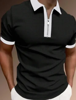 OUKU Men's Zip Polo Polo Shirt Casual Holiday Lapel Quarter Zip Short Sleeve Fashion Basic Plain Quarter Zip Summer Regular Fit Black White Pink Red Brown Dark Grey Zip Polo
