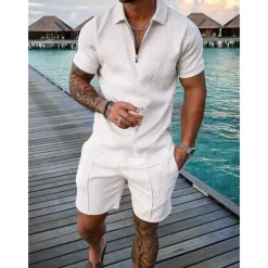 Discount OUKU Men's Zip Polo Tee Set 2 Piece Summer Tracksuit Set Tee & Shorts Short Sleeve Polo Collar Casual Zip Up Casual Daily Lemon Pink Black Top Tee for Men