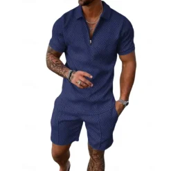 Discount OUKU Men's Zip Polo Tee Set 2 Piece Summer Tracksuit Set Tee & Shorts Short Sleeve Polo Collar Casual Zip Up Casual Daily Lemon Pink Black Top Tee for Men