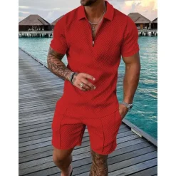 Discount OUKU Men's Zip Polo Tee Set 2 Piece Summer Tracksuit Set Tee & Shorts Short Sleeve Polo Collar Casual Zip Up Casual Daily Lemon Pink Black Top Tee for Men