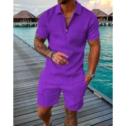 Discount OUKU Men's Zip Polo Tee Set 2 Piece Summer Tracksuit Set Tee & Shorts Short Sleeve Polo Collar Casual Zip Up Casual Daily Lemon Pink Black Top Tee for Men