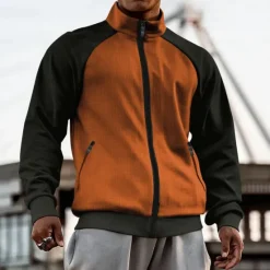 OUKU Men's Zip Up Hoodie Full Zip Hoodie Zip Hoodie Sweatshirt Zip Up Hoodies White Brown Khaki Gray Standing Collar Color Block Plain Zip Up Patchwork Sports & Outdoor Daily Holiday Streetwear Basic