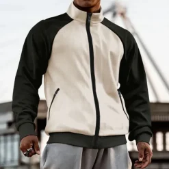 OUKU Men's Zip Up Hoodie Full Zip Hoodie Zip Hoodie Sweatshirt Zip Up Hoodies White Brown Khaki Gray Standing Collar Color Block Plain Zip Up Patchwork Sports & Outdoor Daily Holiday Streetwear Basic