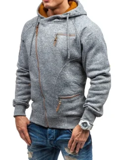Best OUKU Men's Zip Up Sweatshirt Sweat Jacket Black Light Grey Dark Gray Hooded Solid Color Casual Streetwear Polyester Cool Fall Winter Clothing Apparel Hoodies Sweatshirts Long Sleeve Slim