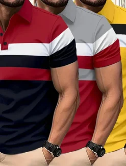 Hot OUKU Multi Packs 3 Pairs Men's Lapel Short Sleeves Gray+Red+Blue Button Up Polos Golf Shirt Golf Polos Shirts Patchwork Color Block Vacation Daily Wear Polyester Summer