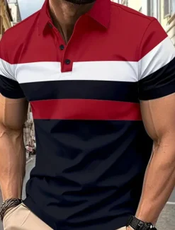 Hot OUKU Multi Packs 3 Pairs Men's Lapel Short Sleeves Gray+Red+Blue Button Up Polos Golf Shirt Golf Polos Shirts Patchwork Color Block Vacation Daily Wear Polyester Summer