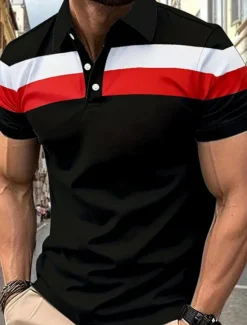Hot OUKU Multi Packs 3 Pairs Men's Lapel Short Sleeves Gray+Red+Blue Button Up Polos Golf Shirt Golf Polos Shirts Patchwork Color Block Vacation Daily Wear Polyester Summer