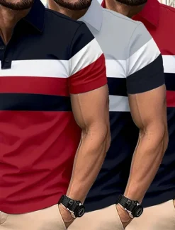 Hot OUKU Multi Packs 3 Pairs Men's Lapel Short Sleeves Gray+Red+Blue Button Up Polos Golf Shirt Golf Polos Shirts Patchwork Color Block Vacation Daily Wear Polyester Summer