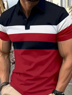 Hot OUKU Multi Packs 3 Pairs Men's Lapel Short Sleeves Gray+Red+Blue Button Up Polos Golf Shirt Golf Polos Shirts Patchwork Color Block Vacation Daily Wear Polyester Summer