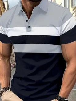 Hot OUKU Multi Packs 3 Pairs Men's Lapel Short Sleeves Gray+Red+Blue Button Up Polos Golf Shirt Golf Polos Shirts Patchwork Color Block Vacation Daily Wear Polyester Summer
