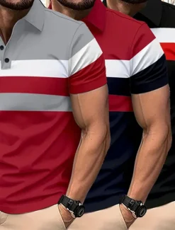 Hot OUKU Multi Packs 3 Pairs Men's Lapel Short Sleeves Gray+Red+Blue Button Up Polos Golf Shirt Golf Polos Shirts Patchwork Color Block Vacation Daily Wear Polyester Summer