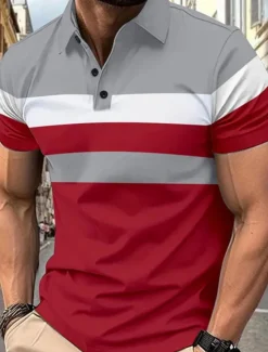 Hot OUKU Multi Packs 3 Pairs Men's Lapel Short Sleeves Gray+Red+Blue Button Up Polos Golf Shirt Golf Polos Shirts Patchwork Color Block Vacation Daily Wear Polyester Summer