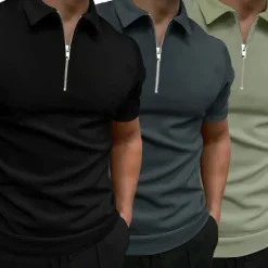 New OUKU Multi Packs 3pcs Men's Lapel Short Sleeves Grey+Green+Black Quarter Zip Polo Golf Shirt Golf Polos Shirts Quarter Zip Plain Vacation Daily Wear Polyester Summer
