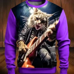 Hot OUKU Music Festival Men's Color Block Cat Funny Sweatshirts Golf Pullover Sweatshirt Long Sleeve Sweatshirt Crew Neck Fashion Daily Casual 3D Print Vacation Holiday Going out Print Spring & Fall