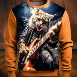 Hot OUKU Music Festival Men's Color Block Cat Funny Sweatshirts Golf Pullover Sweatshirt Long Sleeve Sweatshirt Crew Neck Fashion Daily Casual 3D Print Vacation Holiday Going out Print Spring & Fall