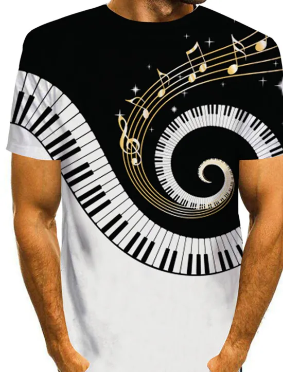 Discount OUKU Music Festival Men's 3D Musical Instrument Shirt T Shirt Tee Short Sleeve T shirt 3D Print Round Neck Shirt Designer Casual Big and Tall Daily Holiday Summer Clothing Apparel S M L XL XXL Black-White