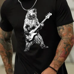 Sale OUKU Music Festival Men's Graphic Bear T Shirt Casual Style 100% Cotton Short Sleeve Graphic Shirt Black Navy Blue Dark Gray Comfortable Tee Street Holiday Fashion Designer Clothing