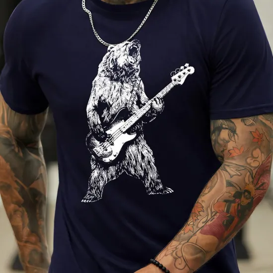 Sale OUKU Music Festival Men's Graphic Bear T Shirt Casual Style 100% Cotton Short Sleeve Graphic Shirt Black Navy Blue Dark Gray Comfortable Tee Street Holiday Fashion Designer Clothing