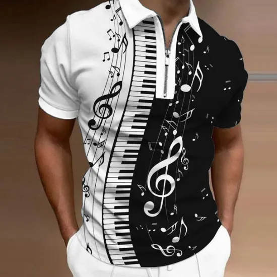 Online OUKU Music Festival Men's Music Zip Polo Shirts Golf Shirt Short Sleeve Polo Shirts Collared Shirts Casual Vacation Wear Festival Wear Party Outfits 3D Print Quarter Zip Polo Black White Blue