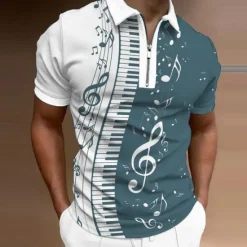Online OUKU Music Festival Men's Music Zip Polo Shirts Golf Shirt Short Sleeve Polo Shirts Collared Shirts Casual Vacation Wear Festival Wear Party Outfits 3D Print Quarter Zip Polo Black White Blue